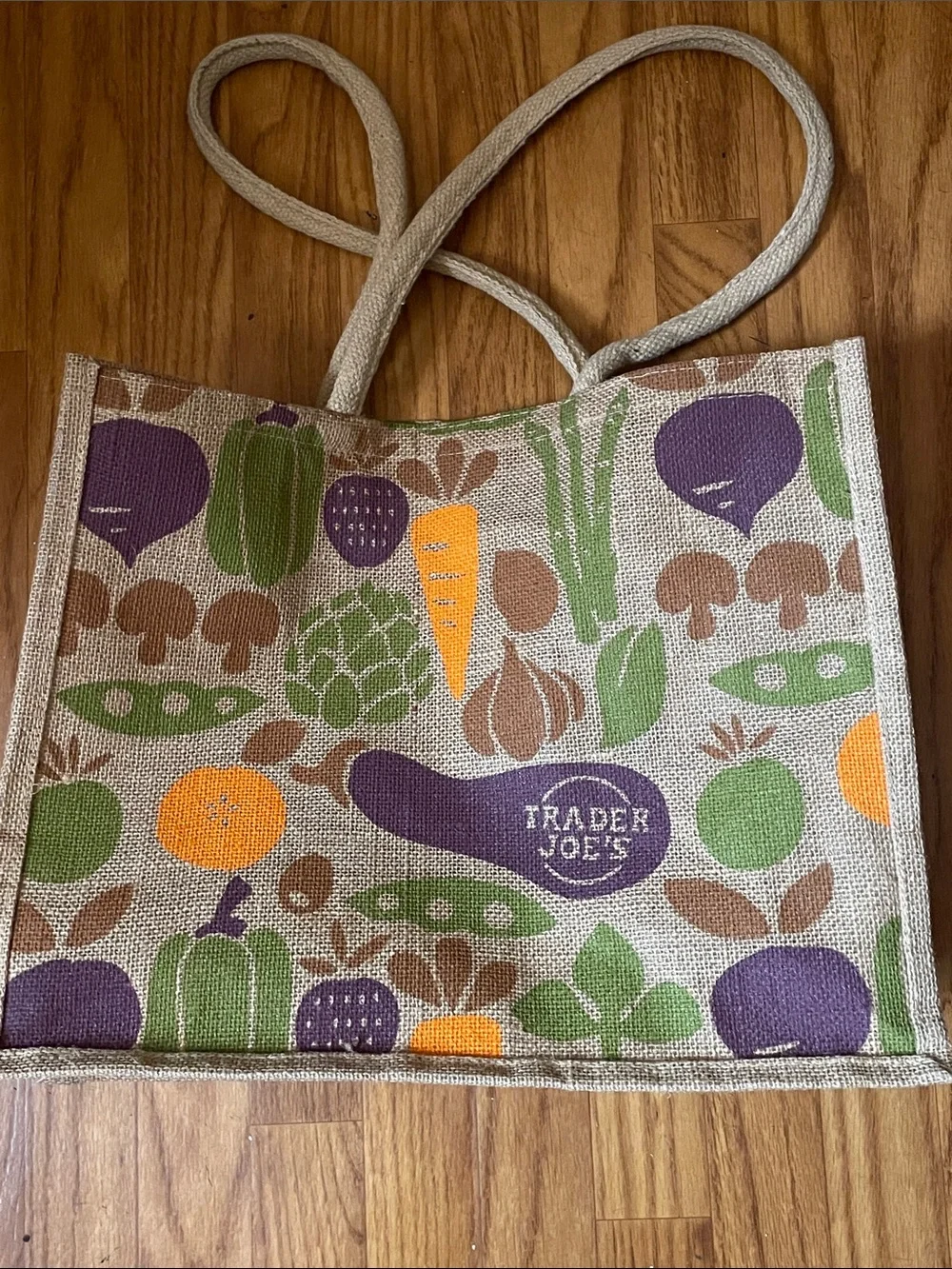 Trader Joe's Jute Cotton Burlap Fruits Vegetables Eggplant Expands Tote Bag
